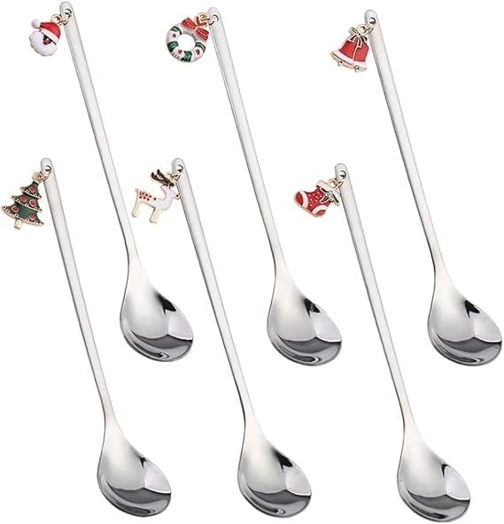 6pcs/set Christmas Stainless Steel Spoons, Christmas Cutlery Spoons, Christmas Mini Spoons Set for Coffee Spoon, Tea Spoon, Soup Spoon, Dessert Spoon, Ice Cream Spoon - Silver (With Gift Box)