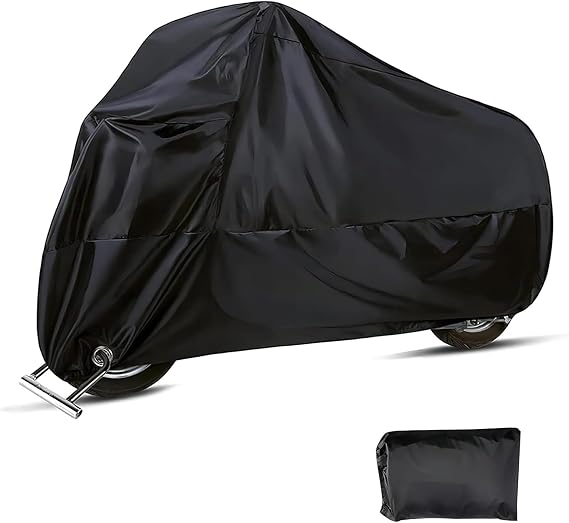 Motorcycle Cover, 190T Anti-scratch Waterproof Shield for All Seasons, Full Coverage Windproof Protector with Fixed Buckle Strap, Anti-theft Outdoor Accessory with Lock-holes (Black)