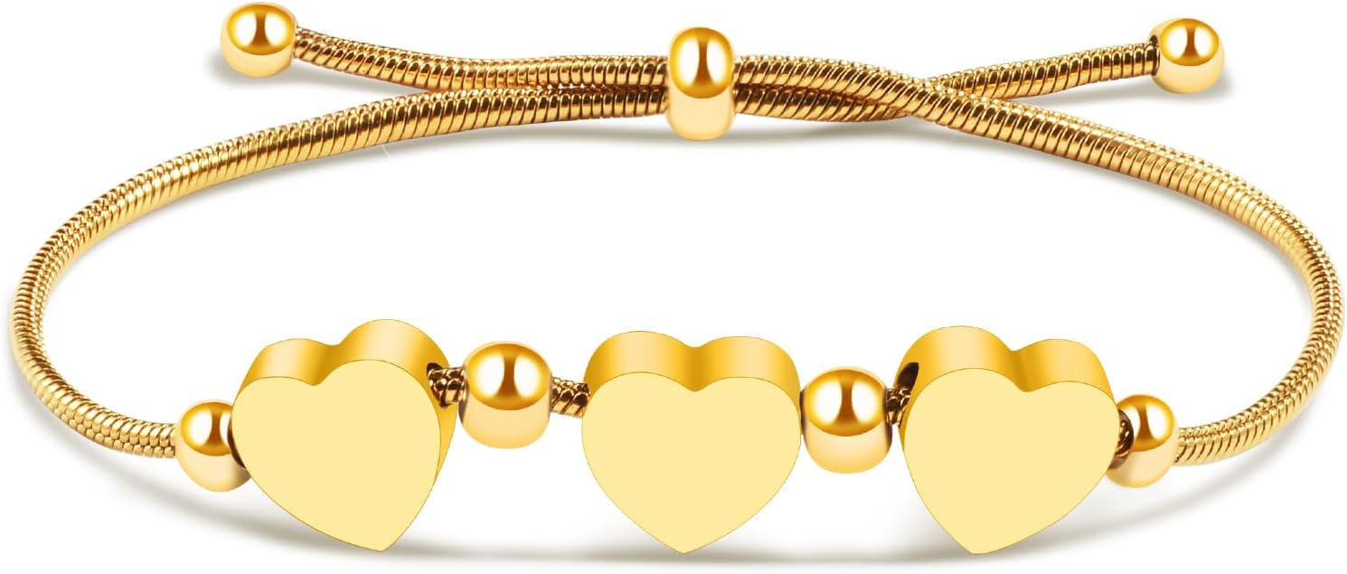 FANCIBAND Personalized Bracelets For Women, 14k Gold/Silver Plated 3 Hearts Engraved Custom Bracelet Personalized Gifts For Women