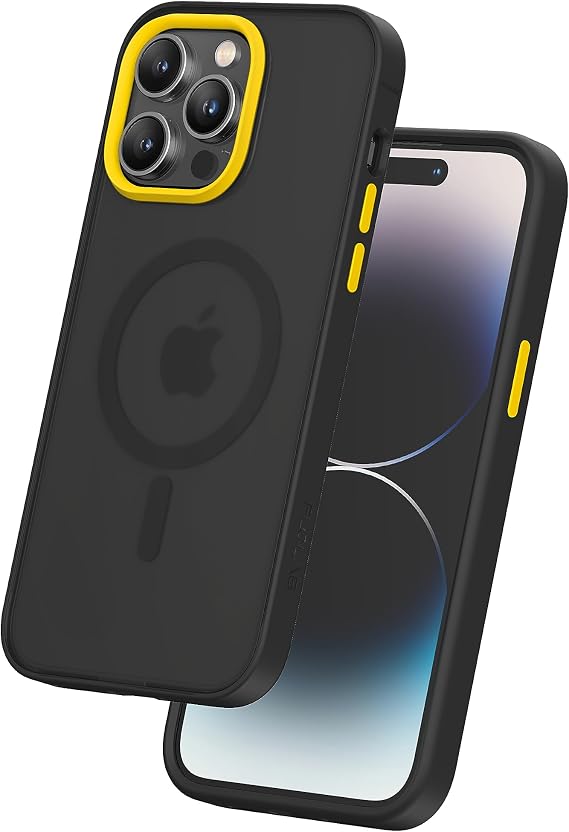 FLOLAB Surtect Tri-Fusion Magnetic for iPhone 14 Pro Phone Case Protective Slim Design Magsafe Compatible Military Grade Black Frame Black Backplate Soft-Touch - Cyber Yellow