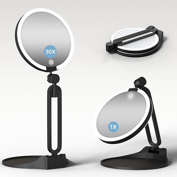 Magnifying Mirror with Light 30X/1X, Double Sided Travel Makeup Mirror with Lights and Magnification, 3 Colors Dimming Lighting, Rechargeable Large Size of 6inch, Foldable Design, 360Angle Adjustable