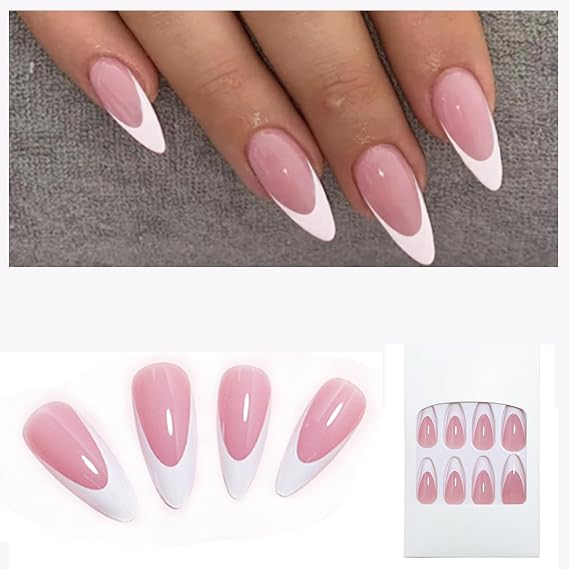 French Press on Nails Medium Almond,Medium Almond Press on Nails Long Press on Nails,French Tips Fake Nails (White, M)