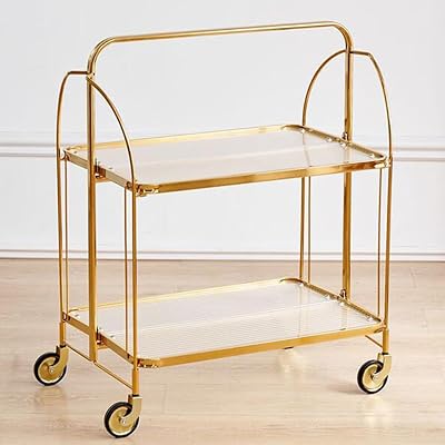 GIZNXBA Home Bar Serving Cart, Folding Bar Cart with Wheels and Handle, Coffee Tea Drink Trolley, Beverage Bar Cart Storage Cart Bar Trolley Rolling Dining Car for Home Kitchen Party Color : Gold