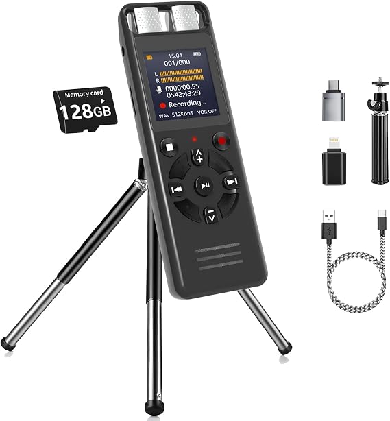 Digital Voice Activated Recorder for Lectures&Meetings,Phone Connected via OTG,Audio Recorder with Tripod Stand,Recording Device with Playback,MP3 Player,Password,Variable Speed (128, GB)