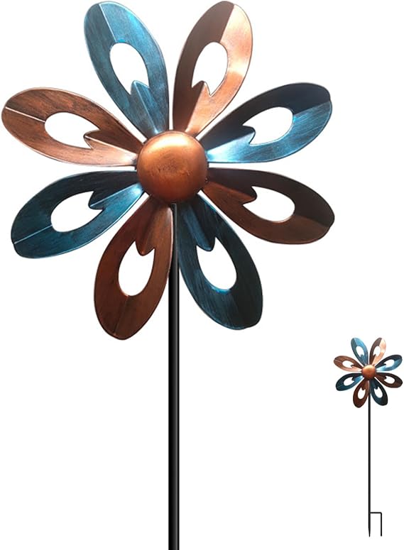 Garden Wind Spinners Tall Metal Wind Spinners Outdoor Swivel Flower Wind Sculptures with Ground Stake for Patio Lawn Outdoor Yard Lawn Garden Decorations Bronze and Blue, Outdoor Wind Spinner