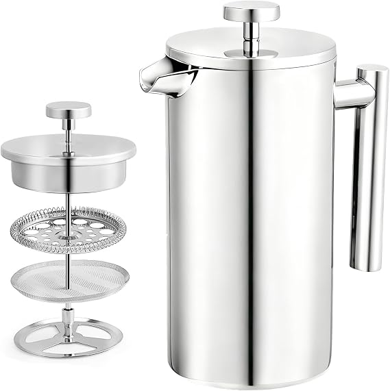 Small French Press Coffee Maker 12oz(350 ML), Stainless Steel Double Walled Insulated Coffee Press for Traveling, Office, or Home, Silver