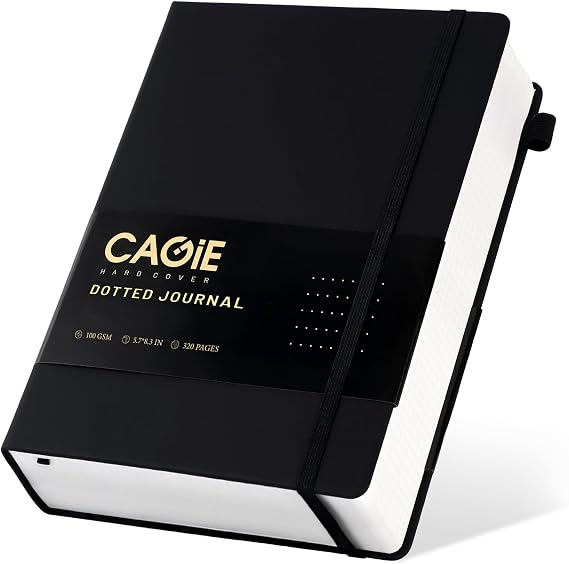 CAGIE Bullet Dotted Journal Notebook 320 Pages 100 GSM Paper Hardcover A5 Dot Grid Notebook Leather Journals for Writing Women Men Work Journaling, Black