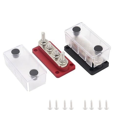 300A Power Distribution Block Bus Bar 4 x 5/16" Posts, Terminal Studs 48V DC Positive & Ground Busbar for Automotive Car Boat (300A-4x 5/16"- Black& Red)