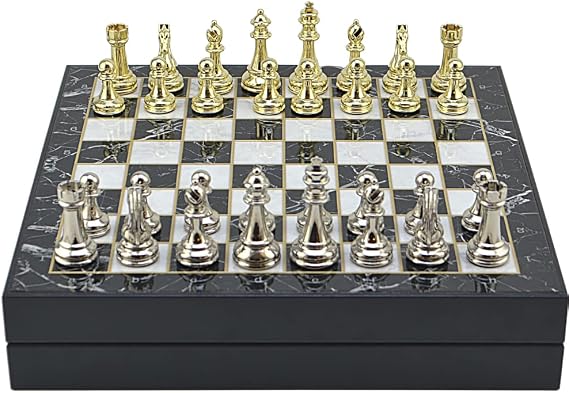 Classic Fifures Metal Chess Set for Adults,Handmade Pieces and Different Design Wooden Chess Board with Storage (Marble)