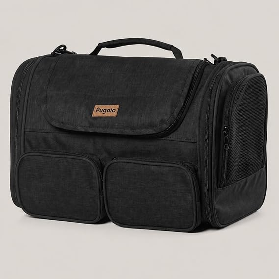 Pugalo FlyComfort Kedi Köpek Taşıma Çantası, Naylon, 40x30x35 cm, Kabin Boy, Uçak Uyumlu, Yırtılmaz File (Siyah)