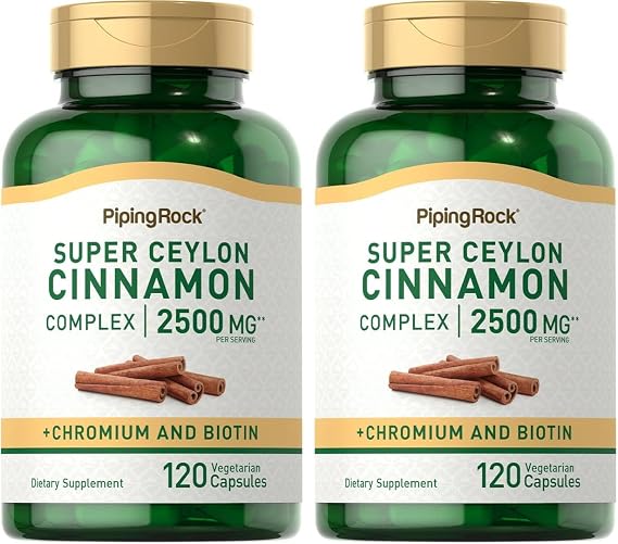 Piping Rock Ceylon Cinnamon Capsules 2500 mg | 120 Pills | Complex Supplement with Chromium and Biotin | Vegetarian, Non-GMO, Gluten Free (Pack of 2)