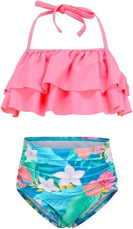 Girls Two Piece Bikini Swimsuits Hawaiian Floral Bathing Suit for Kids Summer Beach Swimwear Set 3-16 Years