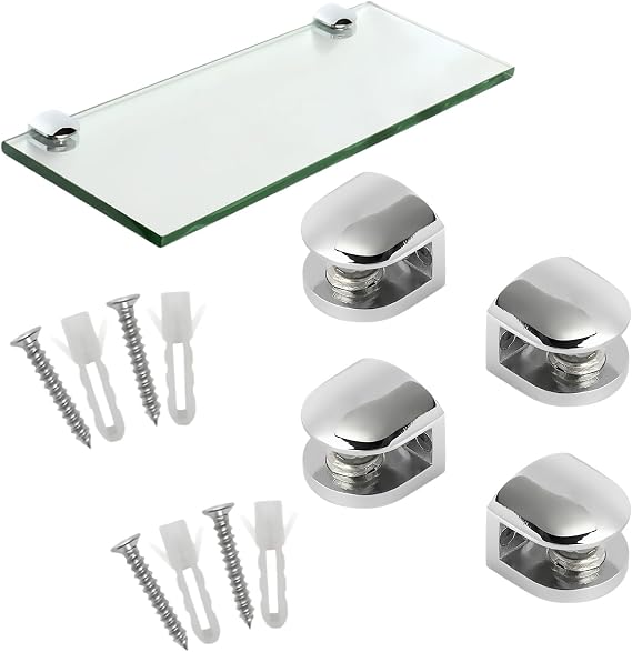 4 Pcs Heavy Duty Chrome Glass Shelf Brackets Glass Shelf Supports Adjustable Glass Clamps Wall Mounted Metal Glass Clamp for Kitchens Bathrooms & Showcases - Includes Screws & Wall Plugs