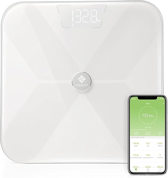 Etekcity Smart Bluetooth Body Fat Scale, Digital Wireless BMI Weight Bathroom Scale with 13 Essential Measurements and ITO Conductive Glass, Body Composition Analyzer with App, White