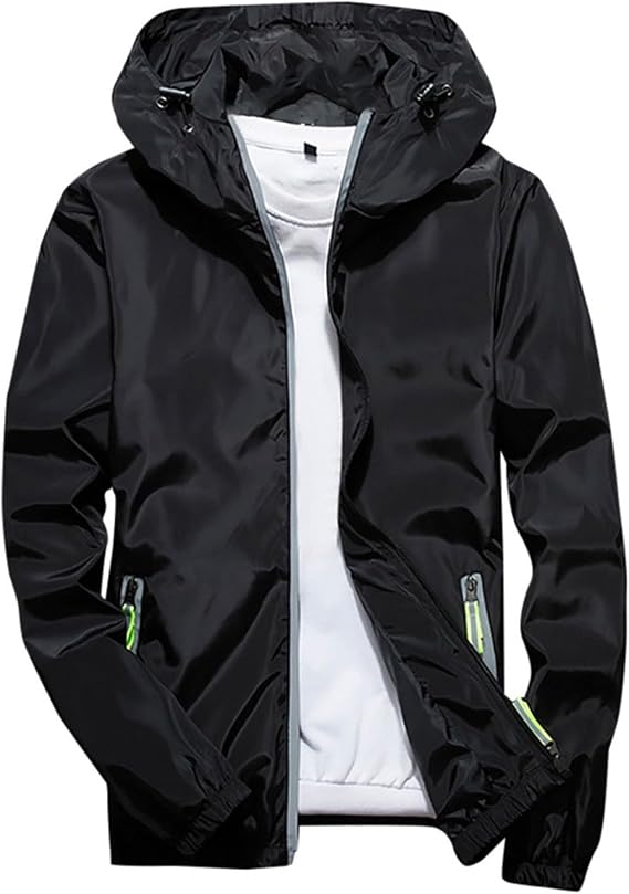 Mens Reflective Jacket Waterproof with Hood Zipper Long Sleeve Fishing Lightweight Windbreaker Packable Raincoat