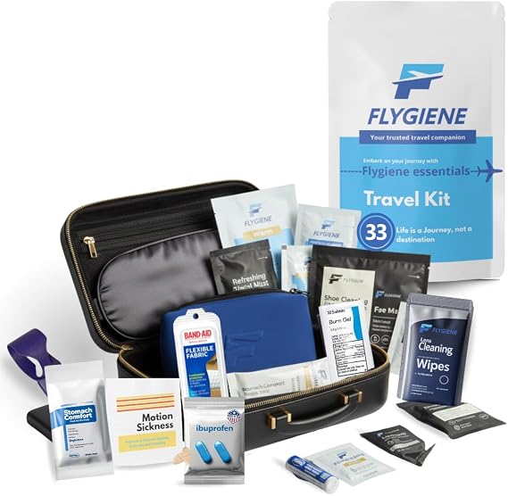 LUX Travel Essentials 33 Piece Premium Hygiene & Comfort Set with Blue EVA Hard Case Includes Dental Care, Face Masks, Wipes, Bandages & TSA-Friendly Travel Accessories