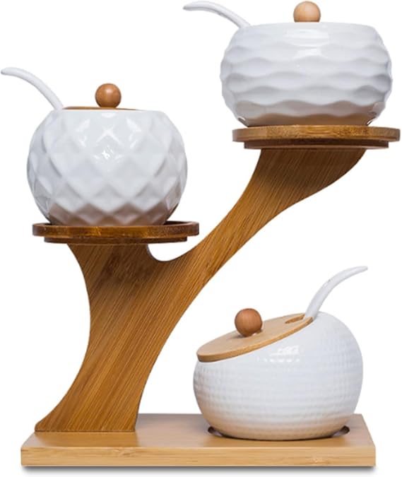Ceramic Condiment Set, Spice Container with Bamboo Cap and Ceramic Serving Spoon, Wooden Tray, Used to Store Sugar, Spices, Coffee, Tea, 170 ML(5.8 OZ)