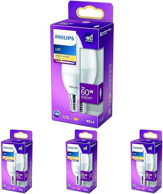 Philips LED 60W B38 E14 Mum Tipi Sarı Işık Dim Edilmez Ampul 4lü paket