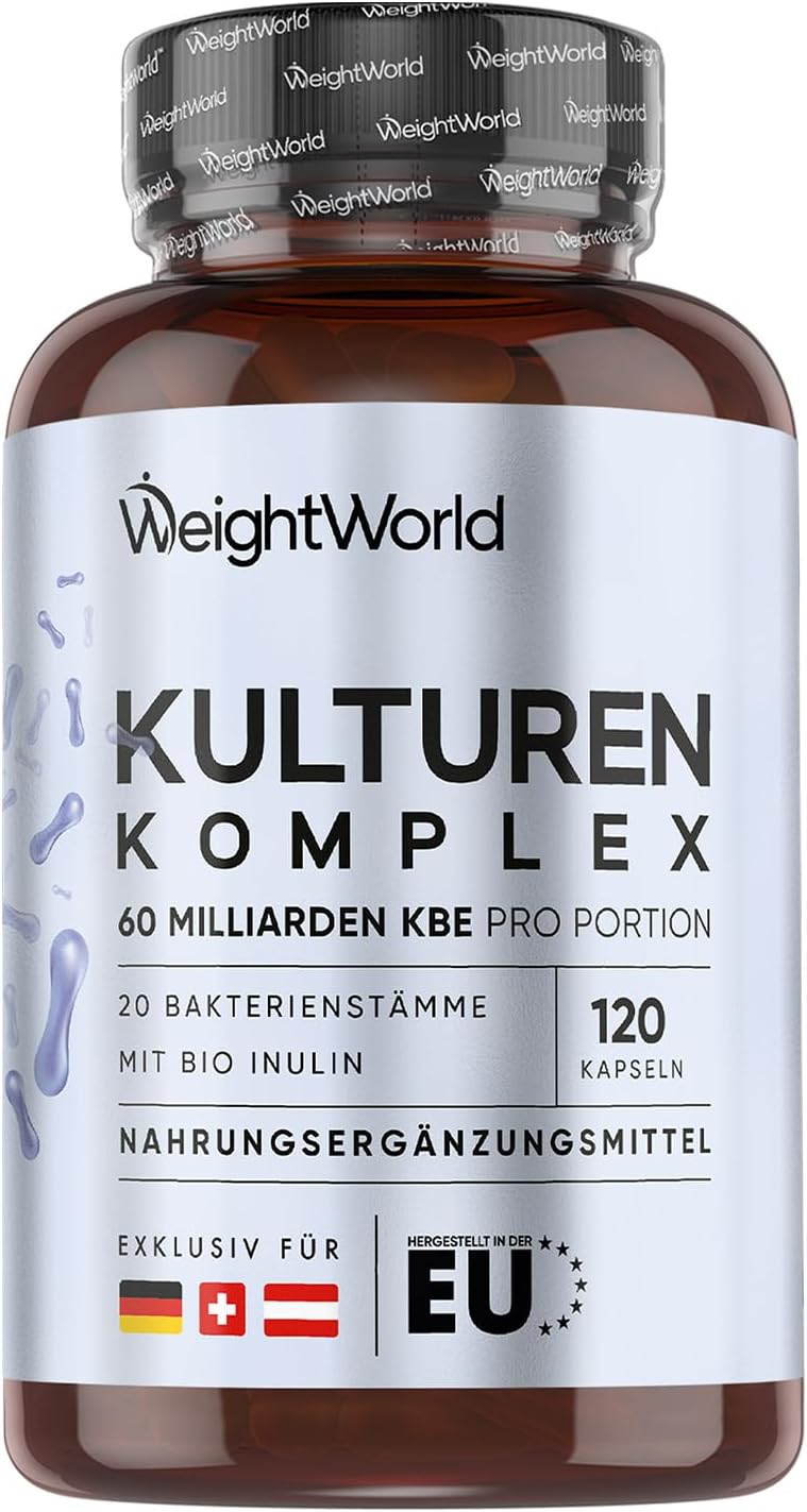 Culture Complex with 60 Billion CFU - 20 Bacterial Strains and Organic Inulin - 120 Vegan Capsules - Bacterial Cultures with Bifidobacterium Lactobacillus Gasseri & Reuteri - 2 Months Supply - WeightWorld