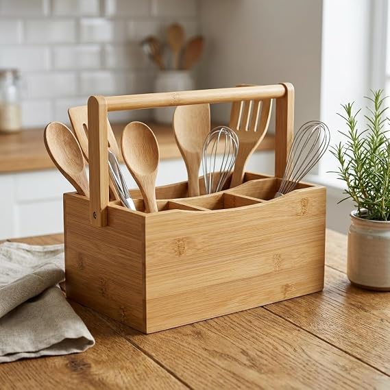 Deconox 4 Bölmeli Bambu Kaşıklık ve Organizer - Tezgah Üstü Çatal Bıçak Düzenleyici Taşıma Kulplu Servis Standı (23 x 16 x 12 cm)