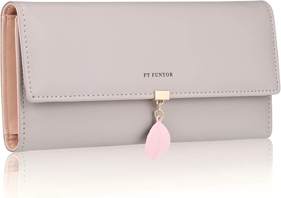 FT FUNTOR 𝐅𝐓 𝐅𝐔𝐍𝐓𝐎𝐑 PU Leather Wallet for Women RFID Blocking Ladies Leaf Pendant Coin Zipper Long 𝐏𝐮𝐫𝐬𝐞 with Multiple Card Slots and Card Holders Phone Pocket (Grey)
