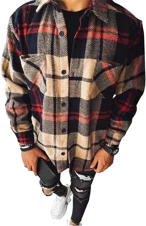 Plaid Button Down Flannel Shirts for Men Regular Fit Long Sleeve Shacket Jacket