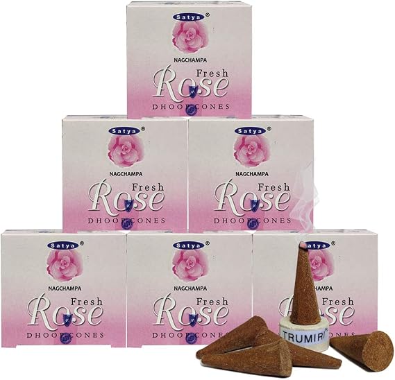 TRUMIRI Incense Cone Holder Bundle with Satya Fresh Rose Incense Dhoop Cones - Pack of 6 (Approx 72 Cones)