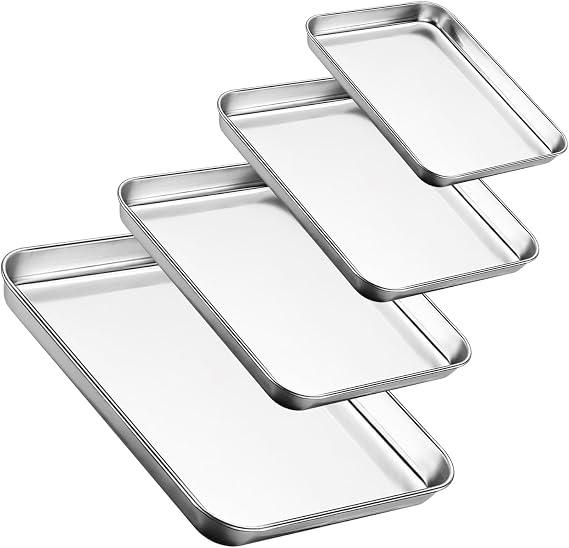 Baking Tray Set of 4 - Stainless Steel Baking Trays for Oven, Oven Trays Non Stick, Non Toxic, Easy Clean and Dishwasher Safe, Baking Essentials - Large Baking Tray & Small Oven Tray