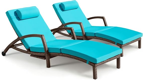 Chaise Lounge Chairs Outdoor Set of 2, Comfy Outside Wicker Patio Pool Lounge Chair w/ 5 Adjustable Back Angle, Cup Holder, Thicken Cushion