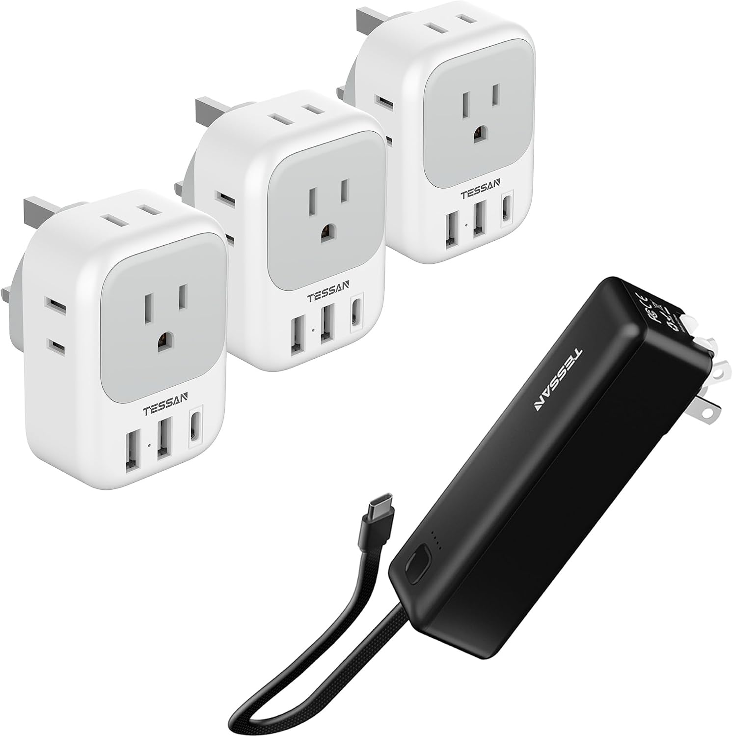 US to UK Plug Adapter 3 Pack, TESSAN Type G Travel Plug with 4 Outlets 3 USB Ports1 USB C, Portable Charger Power Bank, 3 in 1 Power Bank 20W Fast Charging