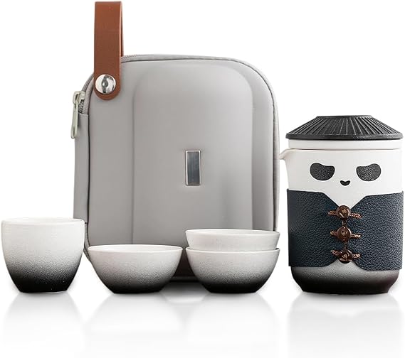 Travel Tea Set, Cute Panda Tea Cup with Portable Bag, 350ml Ceramic Gongfu Teapot with 4 Ceramic Teacups, with Tea Strainer. (Black)