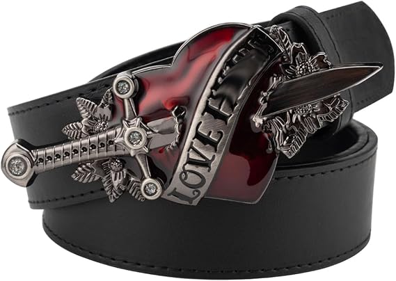 Men's Belt Mens Western Rodeo Belt, Cowboy Leather Heart Pattern Buckle Retro Embossed Belt,Black,110CM/43.3''