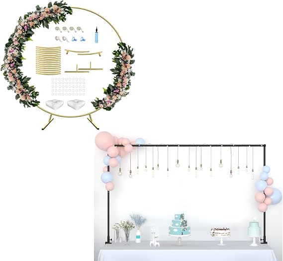32-64 Inch Length Adjustable Over the Table Rod Stand with Clamps, 7 Ft Round Gold Wedding Arch Stand for Birthday, Party Decoration
