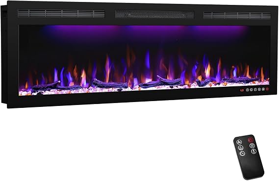 45-Inch Electric Fireplace, Recessed or Wall-Mounted Linear Heater, Ultra-Slim Frame, 1500W, 3 Flame Colors and 3 Top Lights, Log and Crystal Media, Remote, 1-9H Timer