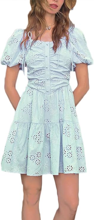 Womens Puff Sleeve A-line Button Eyelet Mini Dress Short Beach Dress