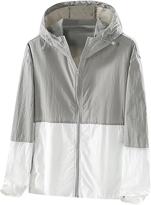 Womens Sun Protection Windbreaker Zip Up Color Block Drawstring Hooded Jacket Outerwear Lightweight Coat with Pockets