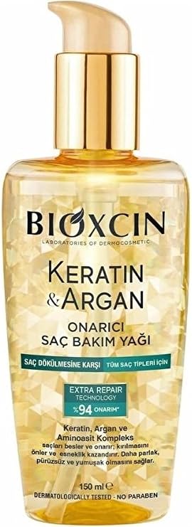 Bioxcin Keratin & Argan Onarıcı Saç Bakım Yağı, 150 ml, Yıpranmış ve Hasar Görmüş Saçlar