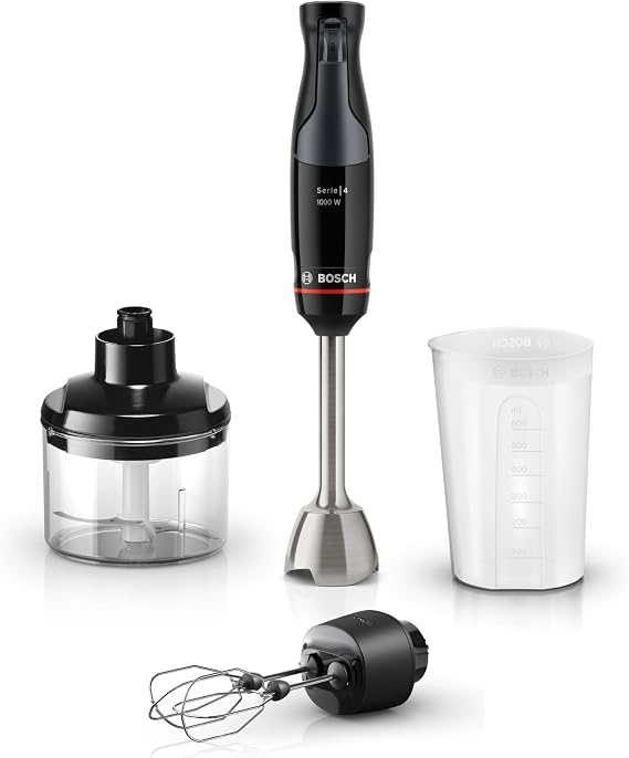 Bosch ErgoMaster Series 4 MSM4B624GB Pressure Controlled Speed 3 in 1 Hand Blender with Double Whisk, Mini Chopper and Beaker, Stainless Steel Blade, 1000 W Motor, Black