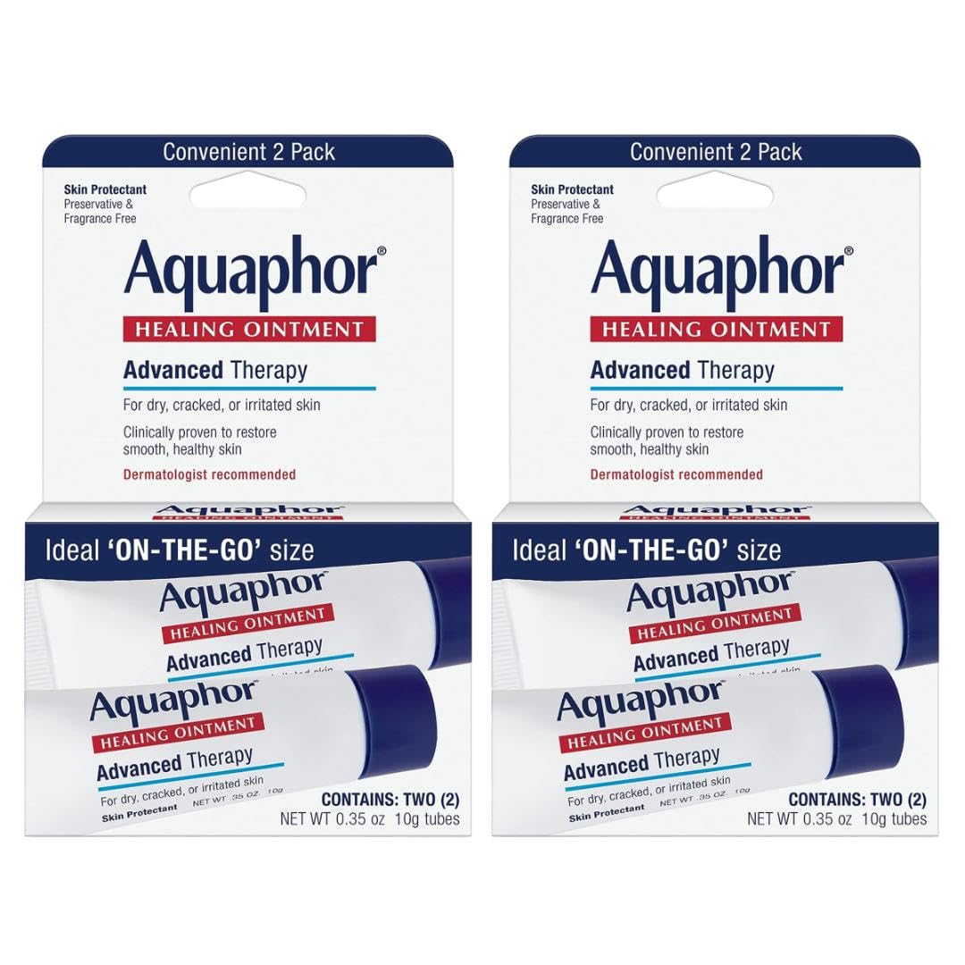 Aquaphor Healing Ointment Advanced Therapy Skin Protectant, Travel Size Body Moisturizer for Dry Skin, Minor Cuts and Burns, Dry Cuticles, Cracked Heels, Hands and Lips, 0.35 Oz Tube 2 x Pack of 2
