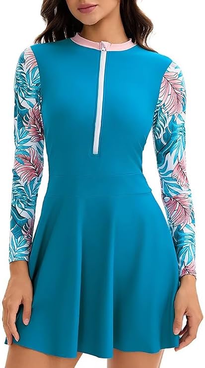 Women Athletic One Piece Swimsuit Zipper Racerback Mock Neck Full Coverage Rash Guard Bathing Suit 80s 90s
