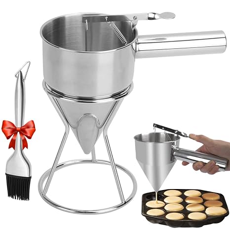 Pancake Batter Dispenser, 1200ml Stainless Steel Funnel Cake Dispenser with Stand and Basting Brush, Great for Cupcakes, Waffles, takoyaki or Any Baked Goods, Batter Funnel Dispenser