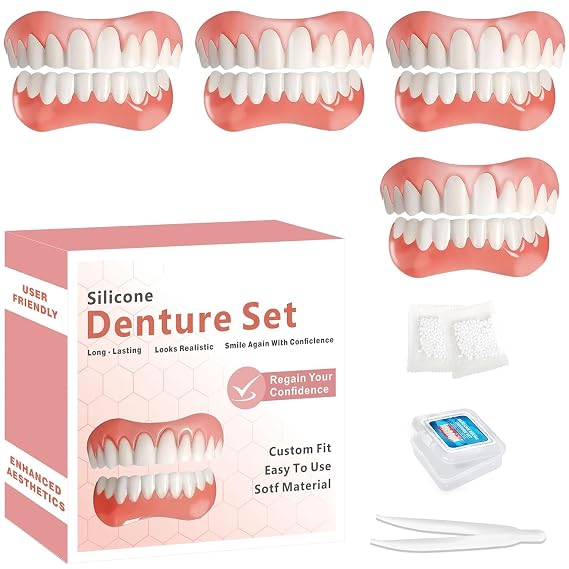 Moldable False Teeth, Dentures for Women and Men, Upper and Lower Silicone Denture Set, Fix your Smile in Minutes, 4PCS