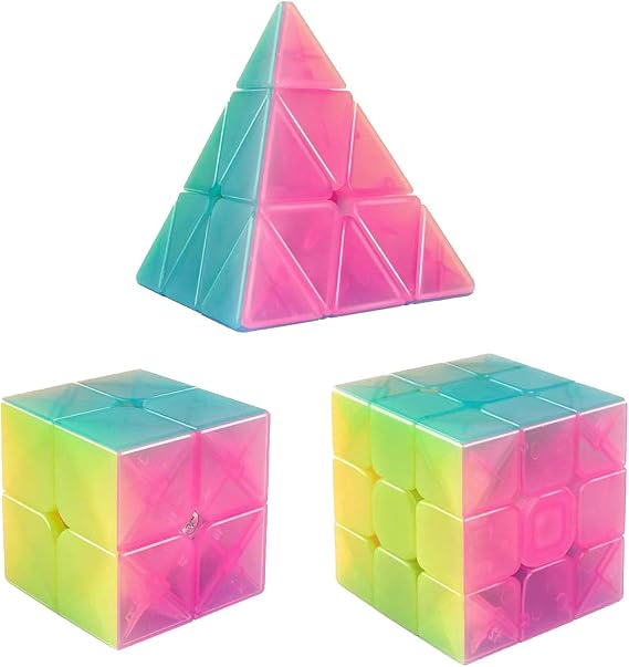 Speed Cube Set 3 Pack Cube Bundle 2x2 Speed Cube 3 By 3 Cube Puzzle 3x3 Pyramid Triangle Cube Bundle Hand Puzzles Toys for Kids and Adults By AHYUAN (Jelly)