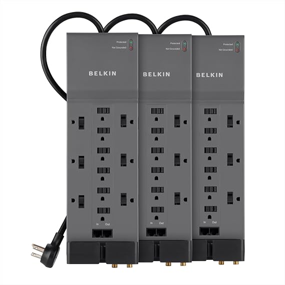 Belkin 12-Outlet Power Strip Surge Protector with 10-Foot Cord and Telephone, Ethernet, Coaxial Protection, BE112234-10, Gray -(Pack of 3) | heavy-duty power strip, RJ45/RJ11 line protection, safety outlet covers, bulk pack for office
