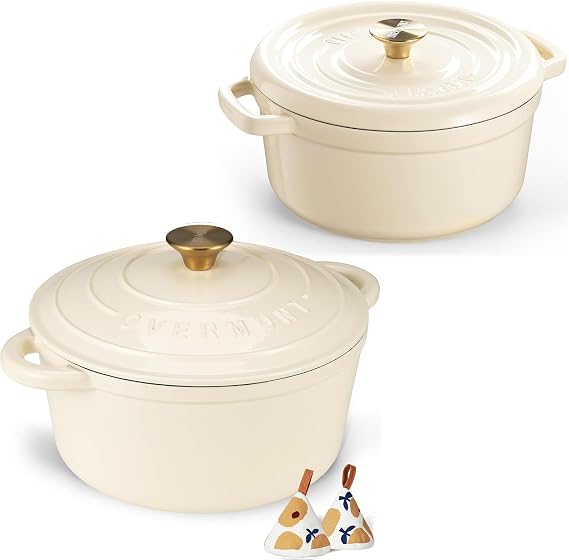 Overmont 7QT Enameled Cast Iron Dutch Oven White + 5QT Overmont Enameled Cast Iron Dutch Oven White Combo