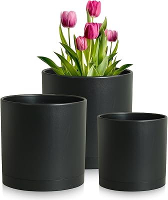 876 inch Plant Pots, 3 Set Cylinder Flower Pots for Outdoor Indoor Plants, Decorative Plastic Planters with Drainage Holes and Saucers for Garden House Plants, Black