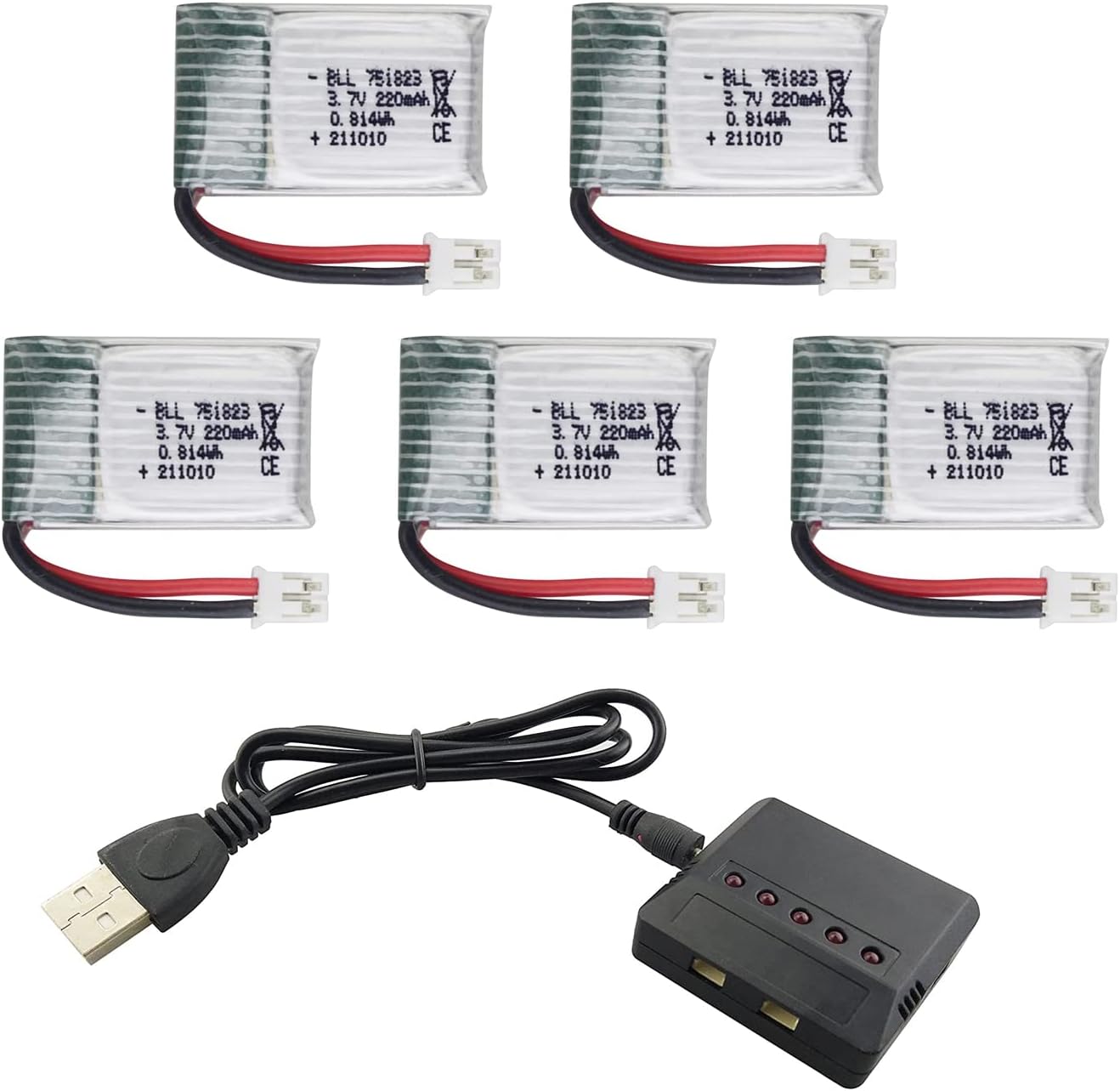 5pcs 3.7V 220mAh Li-ion Battery and 5 in 1 Charger Suitable for E010 GoolRC T36 NINHUI NH010 F36 JJRC H36 HS210 Remote Control Drone