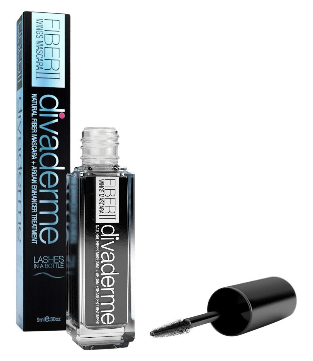 Divaderme Fiber Wings Mascara II - 100% Natural Semi-Permanent - Natural Fiber Mascara Plus Argan Enhancer Treatment - Enhancer Treatment - Eyelash Growth Enhancer- Made in USA