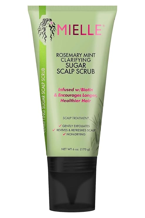 Mielle Organics Rosemary & Mint Sugar Exfoliating Scalp Scrub - Gentle Pre-Shampoo Dry Scalp Treatment for Oil & Product Buildup - Biotin Infused Non-Drying, Moisturizing Formula (6 Fl Oz)