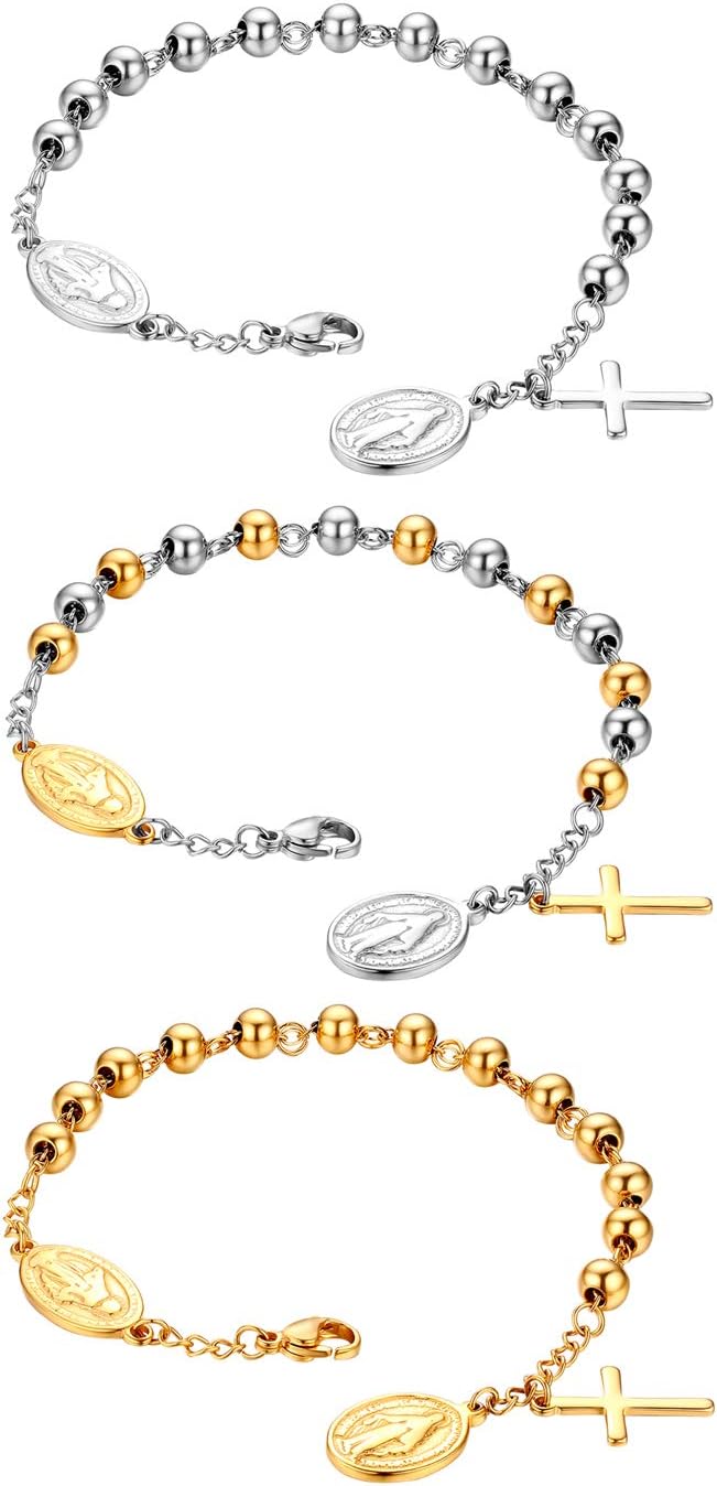 Flongo Cross Rosary Beads Bracelet, Vintage Stainless Steel Jesus Christ Crucifix Cross Bracelet for Men Women Christmas Wedding